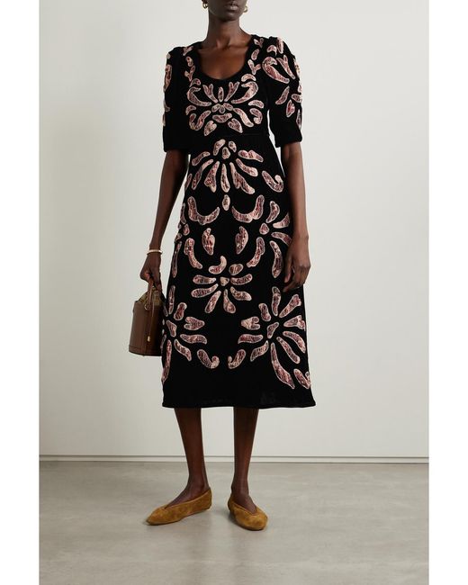 Sea Black Veda Appliquéd And Embroidered Velvet Midi Dress