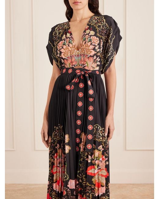 LaDoubleJ White Belted Pleated Printed Crepe De Chine Maxi Dress