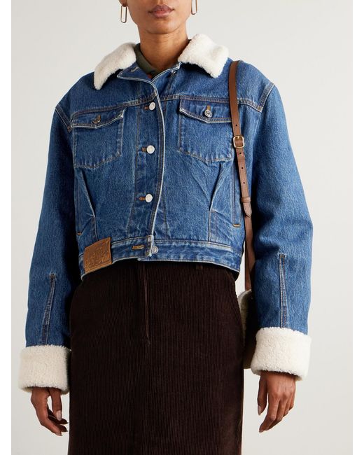 Bally Blue Cropped Shearling-Trimmed Padded Denim Jacket
