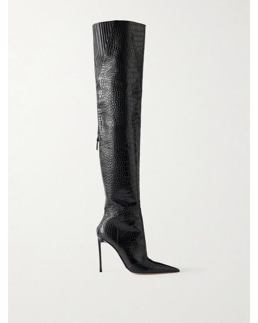 Tom Ford White Vertigo 105 Croc-Effect Leather Knee Boots