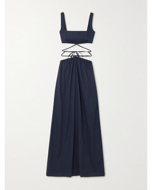Agua Bendita Blue Peonia Bead-Embellished Cutout Cotton-Poplin Maxi Dress