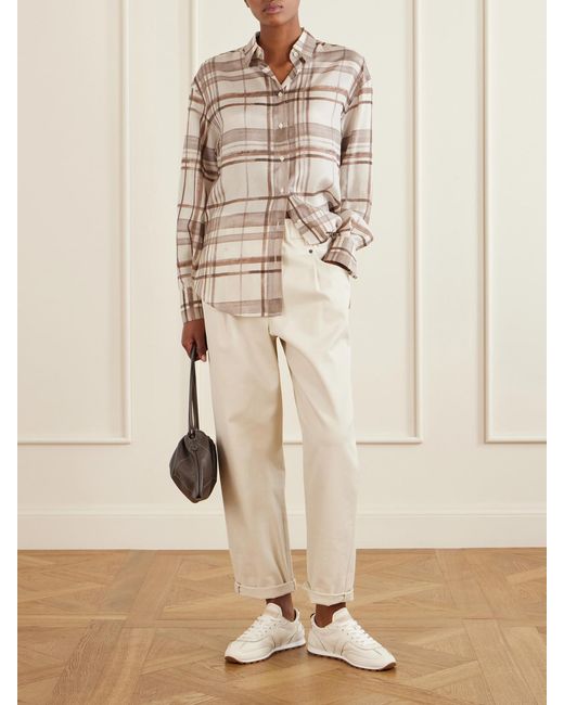 Brunello Cucinelli Natural Checked Silk-Satin Shirt