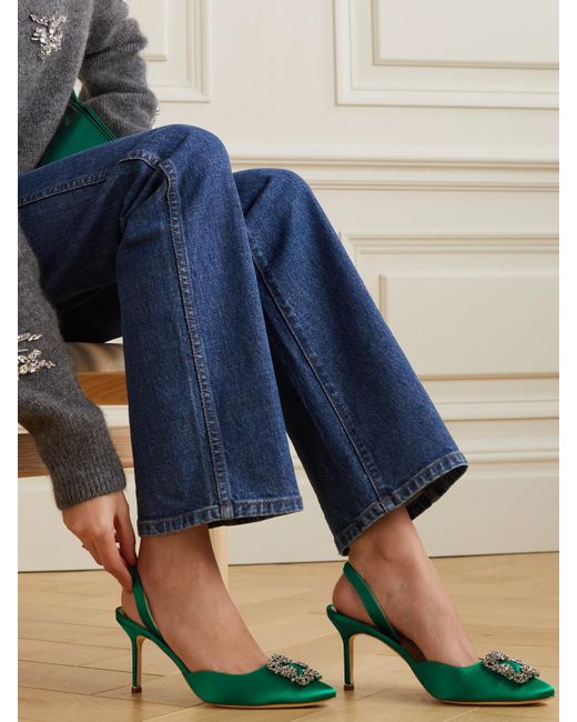 Manolo Blahnik Green Hangisli 70 Embellished Satin Slingback Pumps