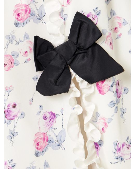 Alessandra Rich White Midikleid Aus Crêpe De Chine Aus Seide Mit Blumenprint, Rüschen Und Schleifen Aus Taft