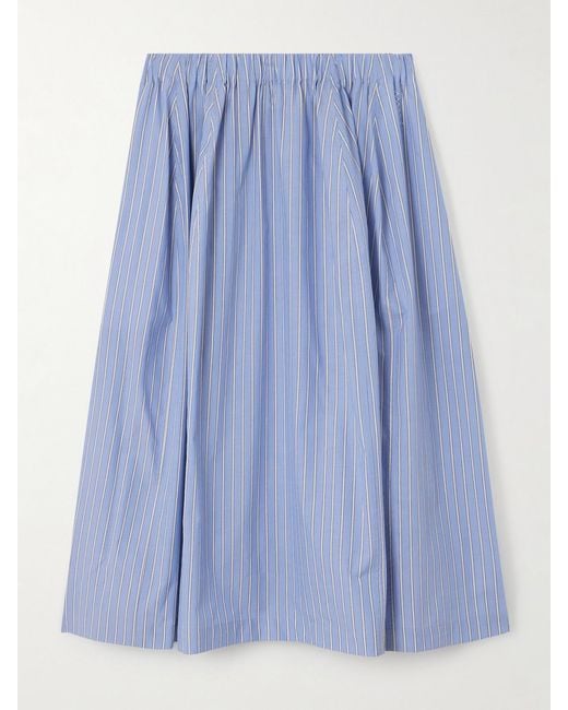 Marni Blue Pleated Striped Cotton-Poplin Midi Skirt