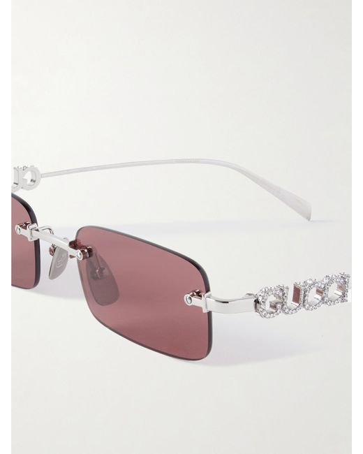 Gucci Pink Lettering Randlose Silberfarbene Sonnenbrille Mit Rechteckigen Gläsern Und Kristallen