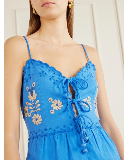 Sea Blue Catharina Floral-Embroidered Cotton And Linen-Blend Maxi Dress
