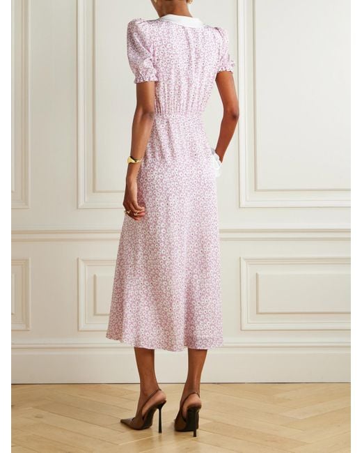 Alessandra Rich Pink Crepe-Trimmed Gathered Floral-Print Silk Midi Dress