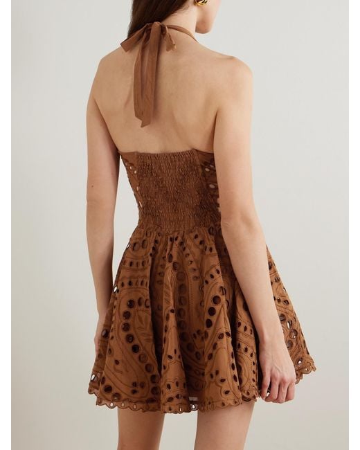 Charo Ruiz Brown Sandlight Broderie Anglaise Cotton-Blend Halterneck Mini Dress