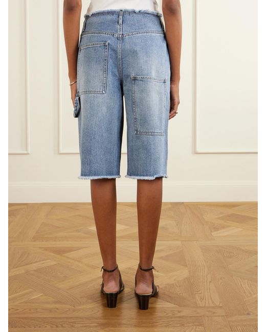 Tibi Blue Mid-Rise Denim Straight-Leg Shorts