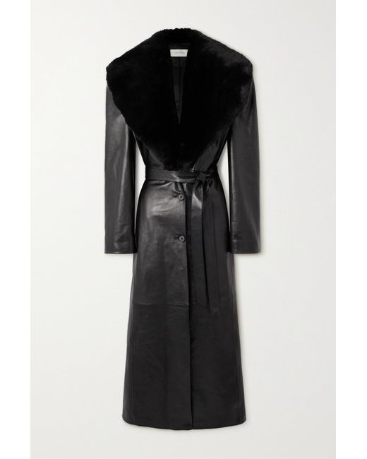 Magda Butrym Black Belted Convertible Shearling-trimmed Leather Coat