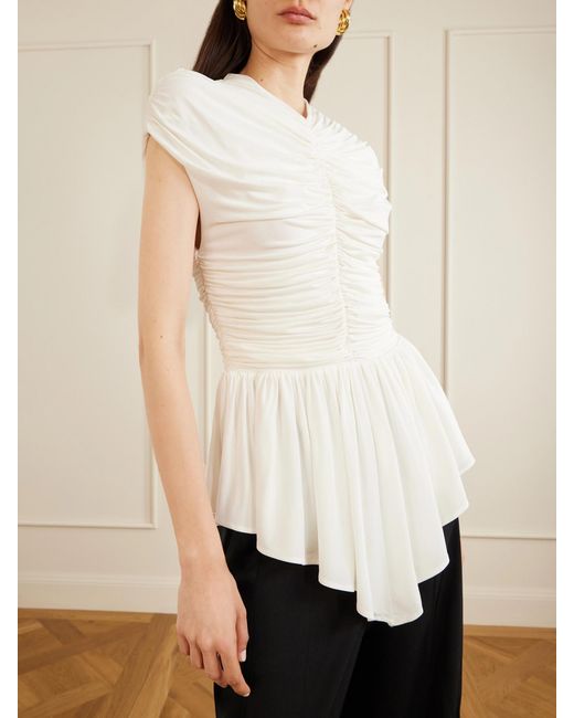 TOVE White Gabor Ruched Ruffled Stretch-Jersey Blouse