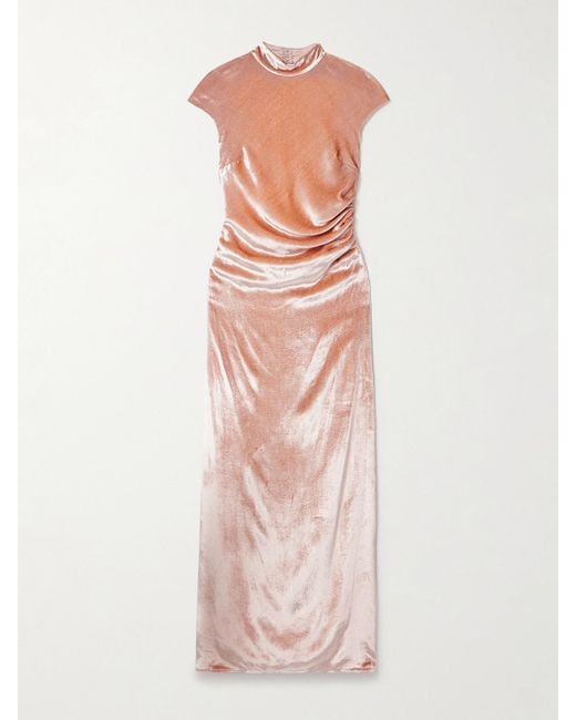Staud Pink Tina Open-Back Ruched Velvet Gown