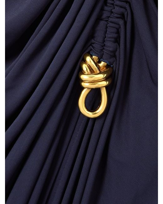 Bottega Veneta Blue Embellished Ruched Jersey Turtleneck Maxi Dress