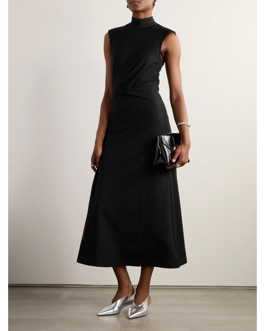 Brunello Cucinelli Black Draped Stretch-Wool Midi Dress