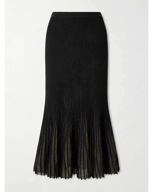 Ulla Johnson Black Vera Pleated Metallic Ribbed-Knit Midi Skirt