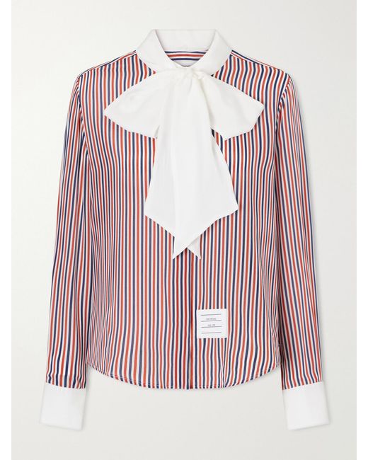 Thom Browne Pink Bow-Detailed Striped Silk Crepe De Chine Shirt