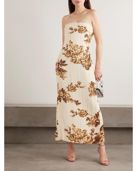 Magda Butrym Natural Strapless Floral-Print Plissé-Crepe Midi Dress