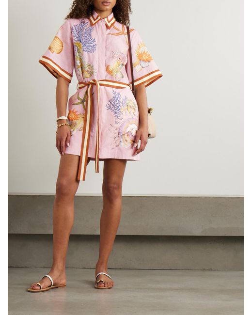 ALÉMAIS Pink Sam Pauletto Nereids Belted Printed Linen-Gauze Mini Shirt Dress