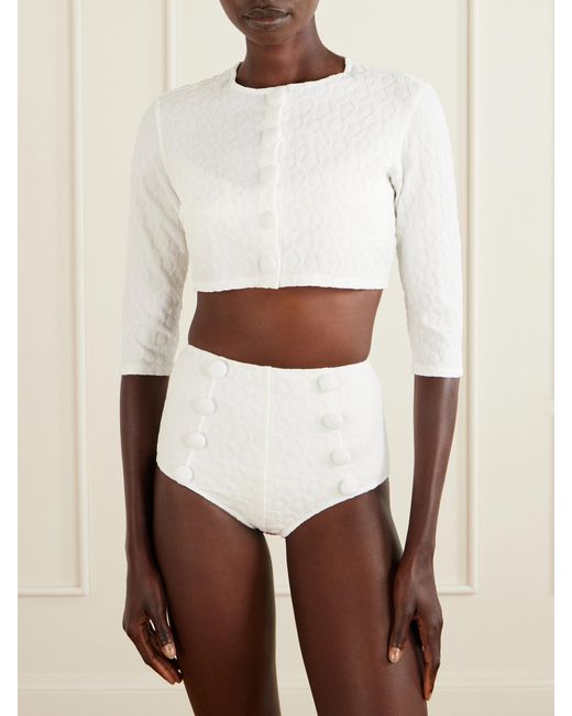 Lisa Marie Fernandez White Cropped Floral-Jacquard Cardigan