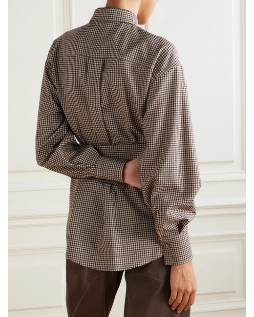 Brunello Cucinelli Gray Belted Bead-Embellished Checked Wool Shirt