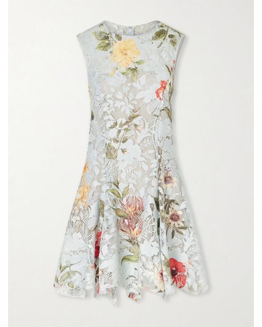 Oscar de la Renta White Floral-Print Lace Mini Dress