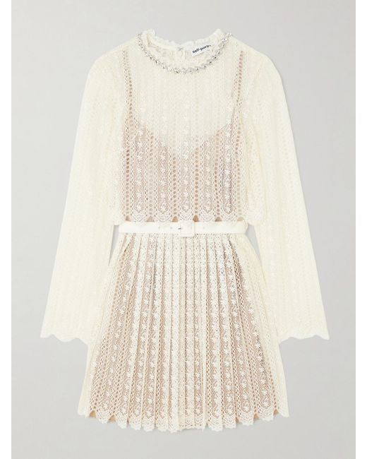 Self-Portrait Belted Crystal-Embellished Pleated Lace Mini Dress in Natural  | Lyst