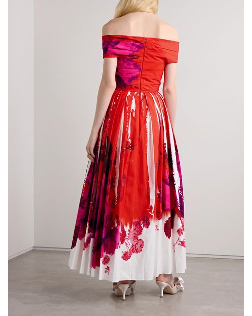 Erdem Red Off-The-Shoulder Pleated Printed Cotton-Faille Midi Dress