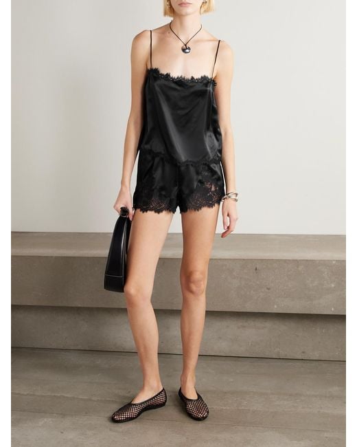 Doen Black Iona Lace-Trimmed Silk-Satin Shorts