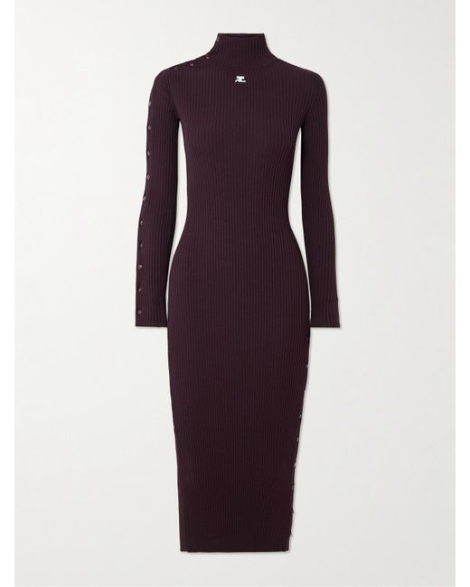 Courreges Purple Embroidered Ribbed-Knit Turtleneck Midi Dress