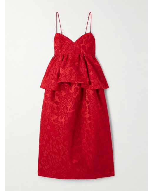 LaDoubleJ Red Satine Floral-Jacquard Matelassé Peplum Midi Dress