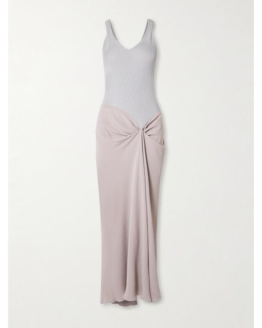 Victoria Beckham Pink Draped Pleated Ribbed-Knit And Crepe Midi Dress