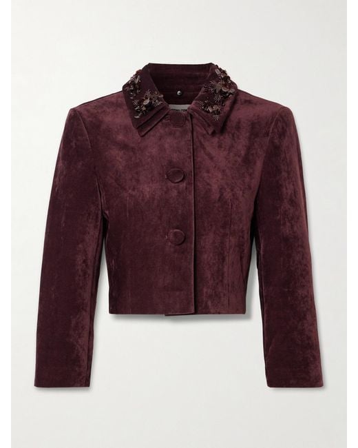 ShuShu/Tong Red Cropped Embellished Velvet Jacket