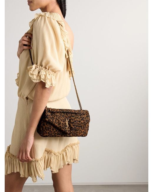 Saint Laurent Brown Calypso Kleine Schultertasche Aus Wattierter Faille Mit Leopardenprint