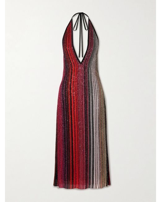 Missoni Red Neckholder-Midikleid Aus Gestreiftem Metallic-Häkelstrick Mit Pailletten