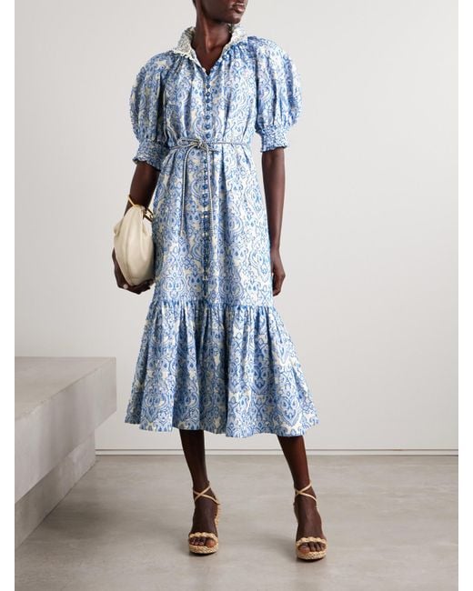 Zimmermann Blue Wylie Midikleid Aus Baumwolle Mit Stickereien Und Bindegürtel