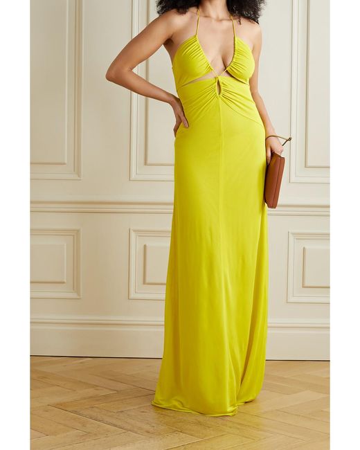 Etro Yellow Ruched Jersey Halterneck Maxi Dress