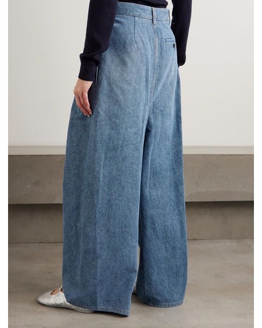 Loewe Blue Leather-Trimmed Draped Gathered High-Rise Wide-Leg Jeans