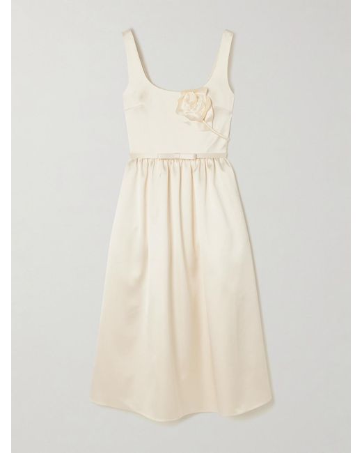 Self-Portrait White Appliquéd Belted Satin Midi Dress