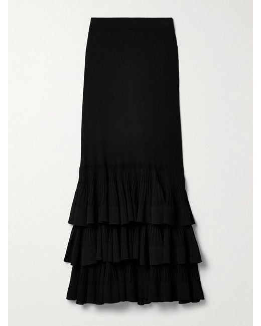 Zimmermann Black Story 1 Tiered Ruffled Ribbed-Knit Maxi Skirt