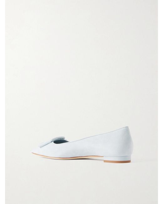 Manolo Blahnik White Maysale Buckled Suede Point-Toe Flats