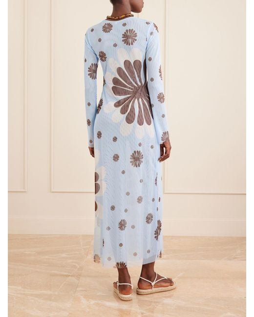 Cala De La Cruz Blue Tania Printed Mesh Midi Dress