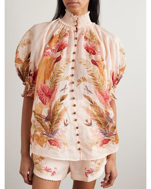 Zimmermann Pink Ascension Geraffte Bluse Aus Ramie Mit Blumenprint Und Verzierungen