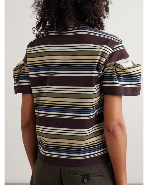 Sacai Black Piqué-Paneled Pleated Striped Cotton T-Shirt