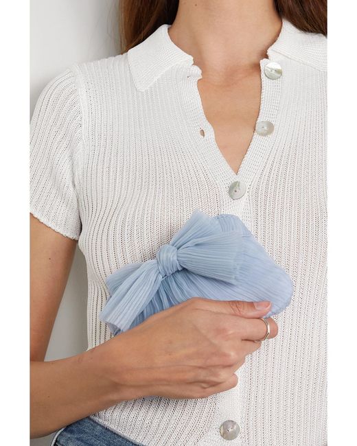 Loeffler Randall Blue Rochelle Bow-Embellished Plissé-Organza Clutch