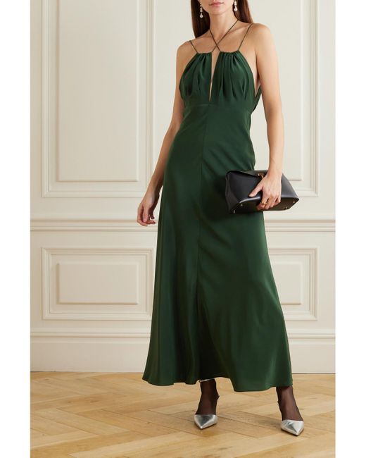 Totême Green Gathered Hammered Silk-Satin Maxi Dress