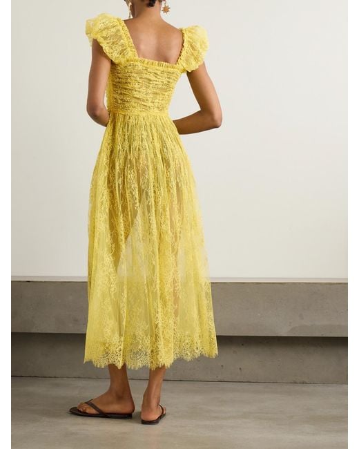 Doen Yellow Pamelina Ruffled Shirred Lace Midi Dress