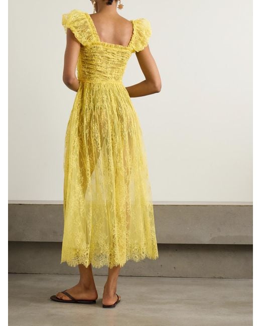 Doen Yellow Pamelina Ruffled Shirred Lace Midi Dress