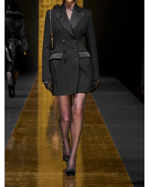 Dolce & Gabbana Black Doppelreihiger Mantel Aus Twill Aus Einer Wollmischung Mit Satinbesätzen Aus Einer Seidenmischung