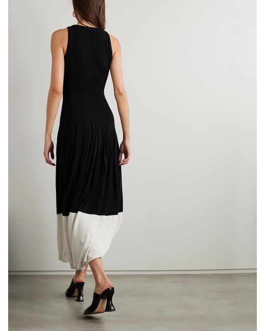 Victoria Beckham Black Asymmetric Two-Tone Gathered Stretch-Jersey Midi Dress